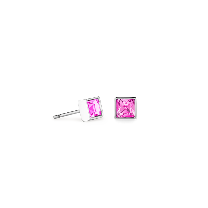 Coeur De Lion Silver Brilliant Square Pink Crystal Stud Earrings