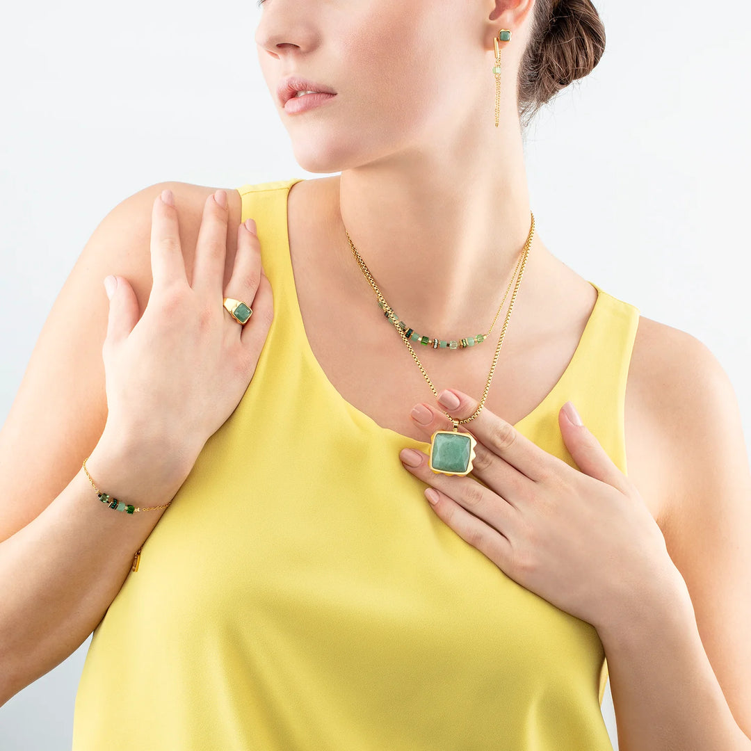 Coeur De Lion Gold Amulet Spikes Square Green Aventurine Necklace