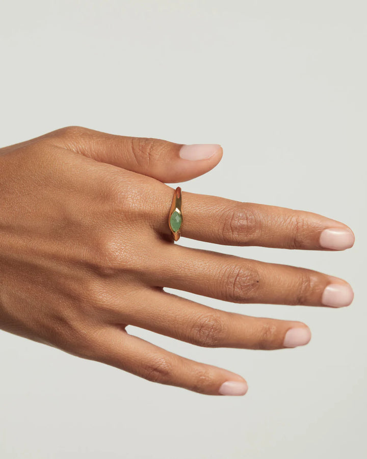 PDPAOLA Gold Green Aventurine Nomad Stamp Ring