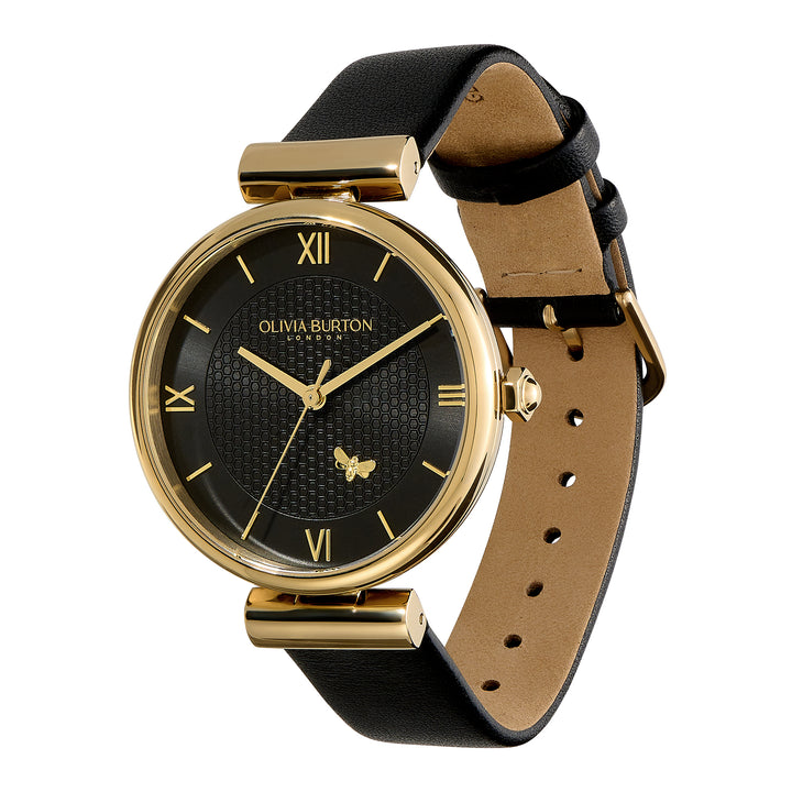 Olivia Burton Gold and Black Minima Bee Leather Strap Watch