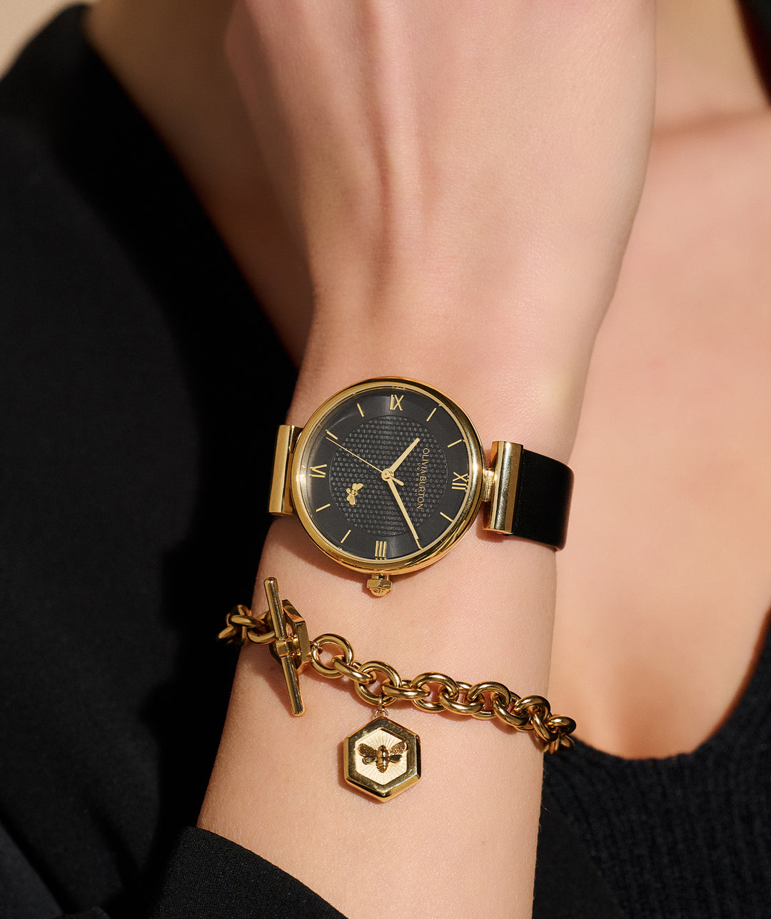 Olivia Burton Gold and Black Minima Bee Leather Strap Watch