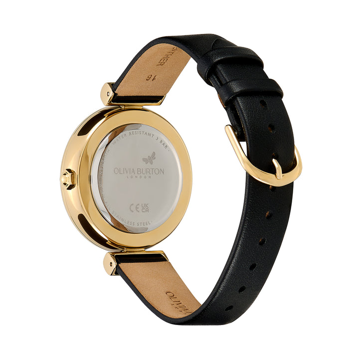 Olivia Burton Gold and Black Minima Bee Leather Strap Watch