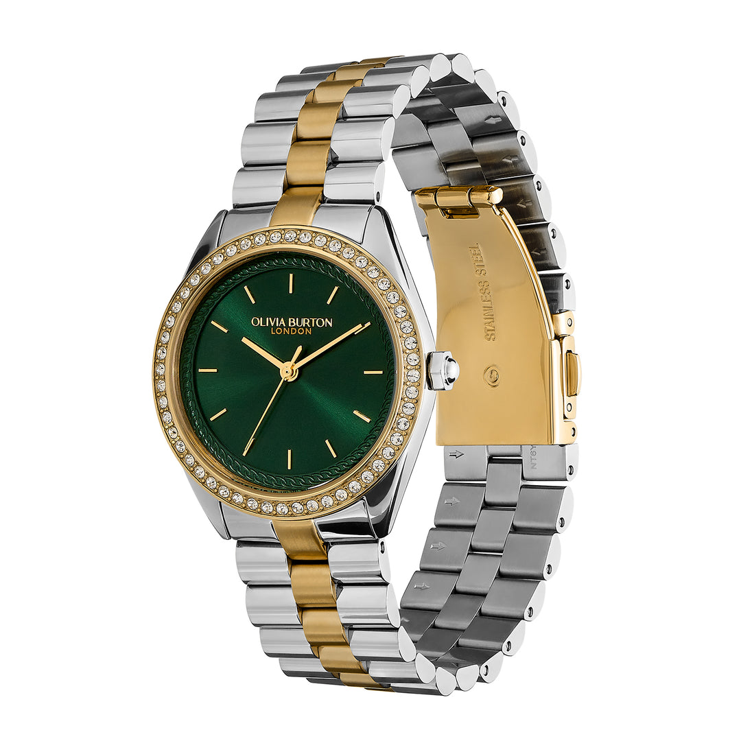 Olivia Burton Silver & Gold Forest Green Sunray Dial Watch