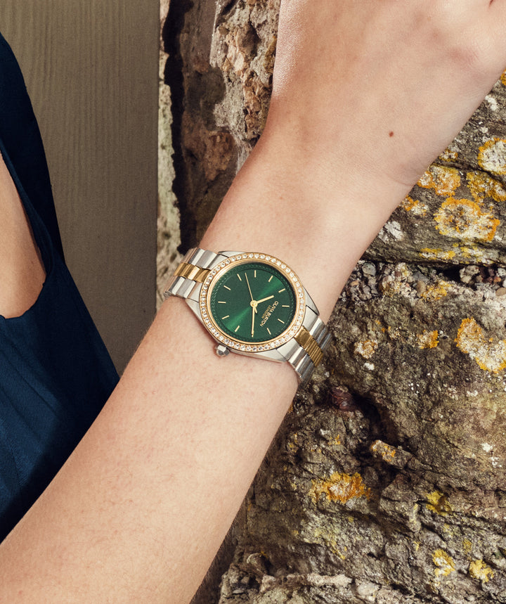 Olivia Burton Silver & Gold Forest Green Sunray Dial Watch