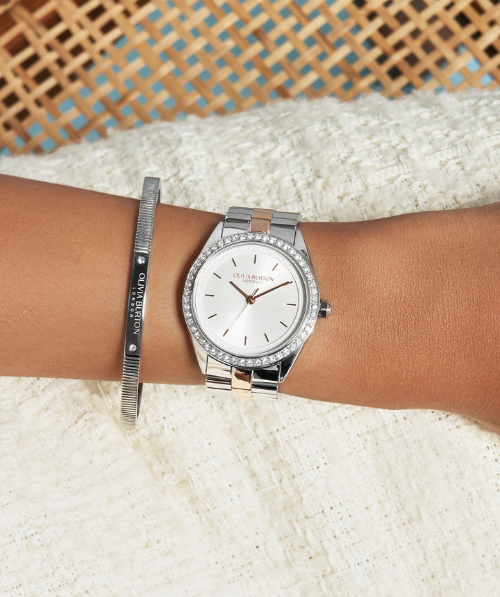 Olivia Burton Silver & Rose White Sunray Dial Watch