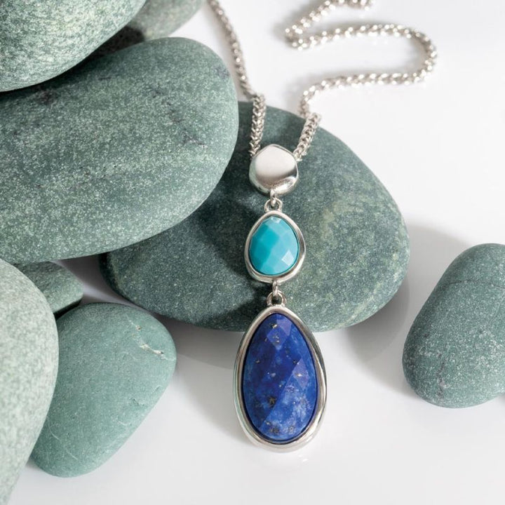 Kit Heath Silver Coast Pebble Azure Gemstone Trio Droplet Necklace