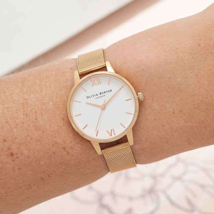 Olivia Burton White Dial & Rose Gold Mesh Watch