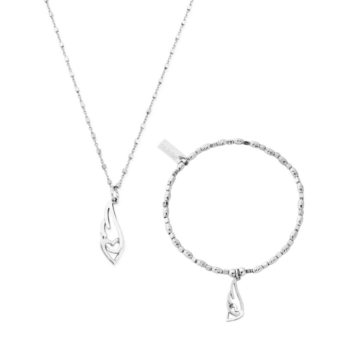 Chlobo Silver Interlocking Angel Wing and Heart Necklace & Bracelet Set