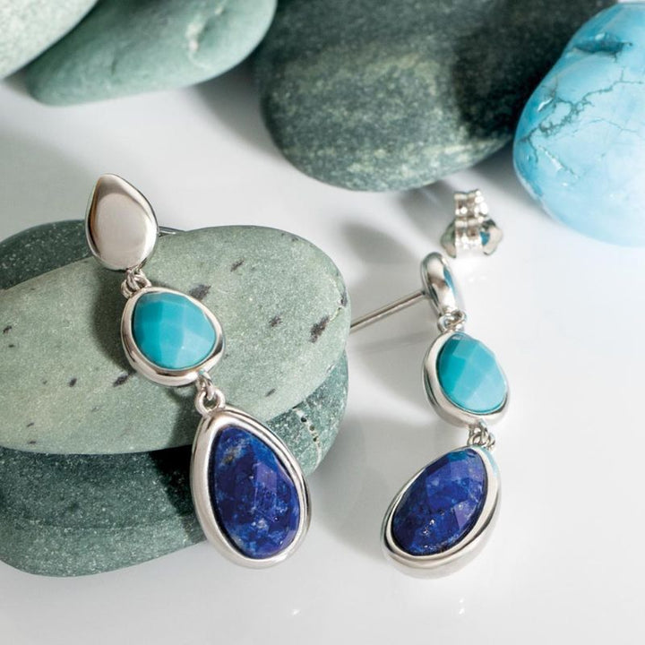 Kit Heath Silver Coast Pebble Azure Gemstone Trio Droplet Stud Drop Earrings