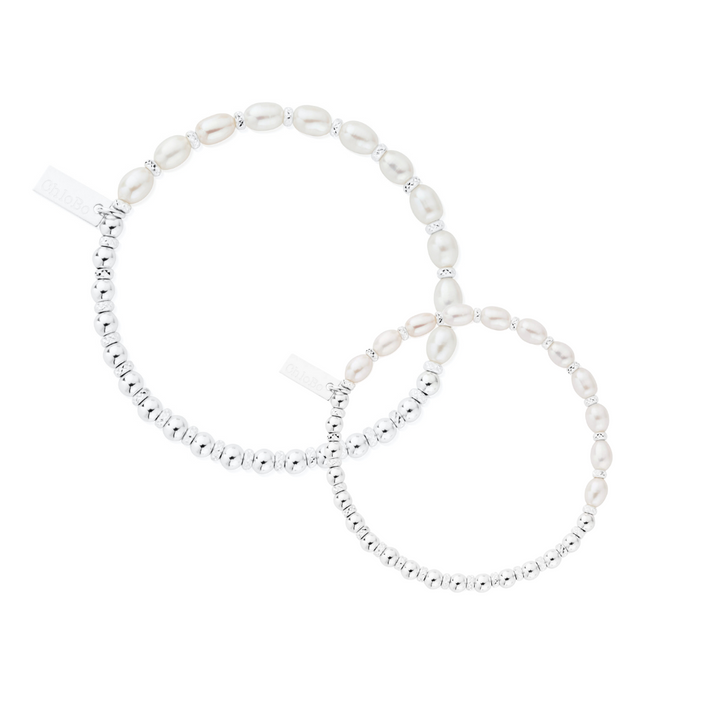 ChloBo Mummy & Mini Silver and Pearl Story of Love Set of 2 Bracelets