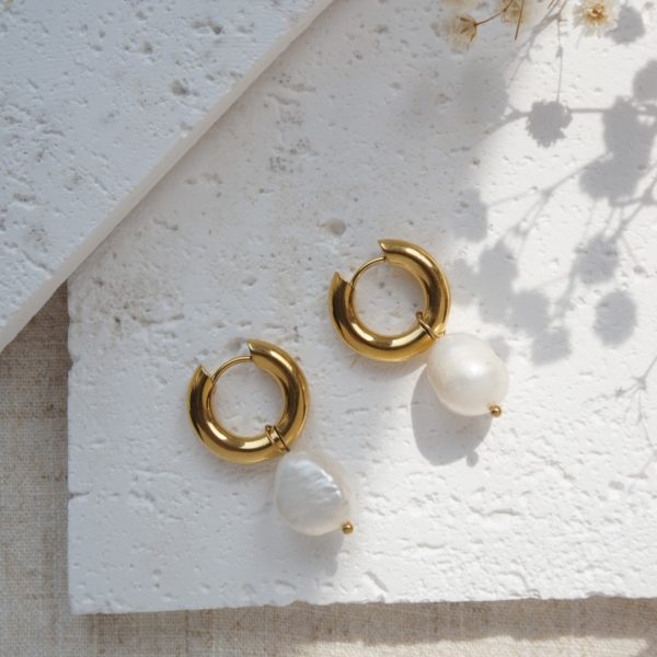 Little Grey Moon Gold Chunky Pearl Hoop Earrings