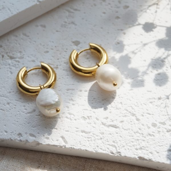 Little Grey Moon Gold Chunky Pearl Hoop Earrings