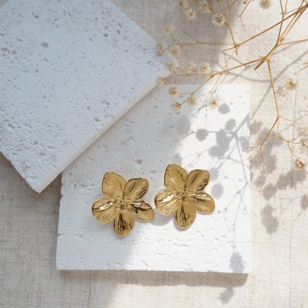 Little Grey Moon Gold Flower Stud Earrings