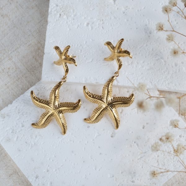 Little Grey Moon Gold Starfish Drop Earrings