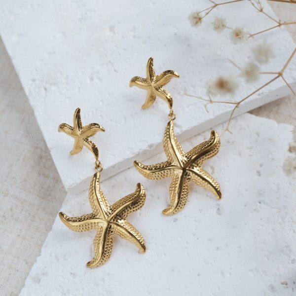 Little Grey Moon Gold Starfish Drop Earrings