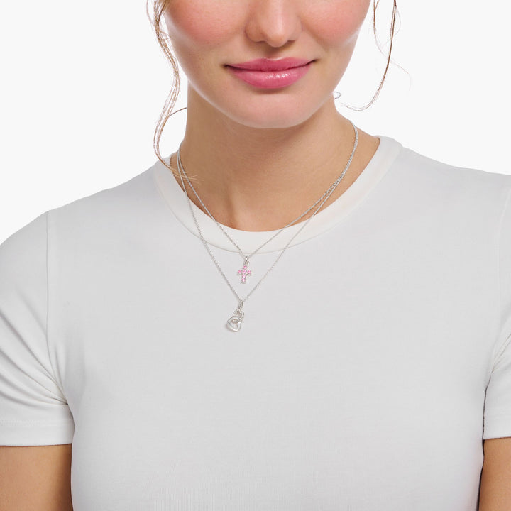 Thomas Sabo Silver Pink Zirconia Cross Pendant Necklace