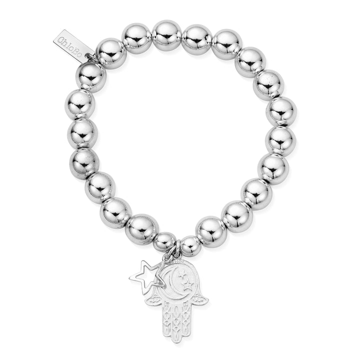 Chlobo Silver Medium Ball Moon and Star Hamsa Hand Bracelet