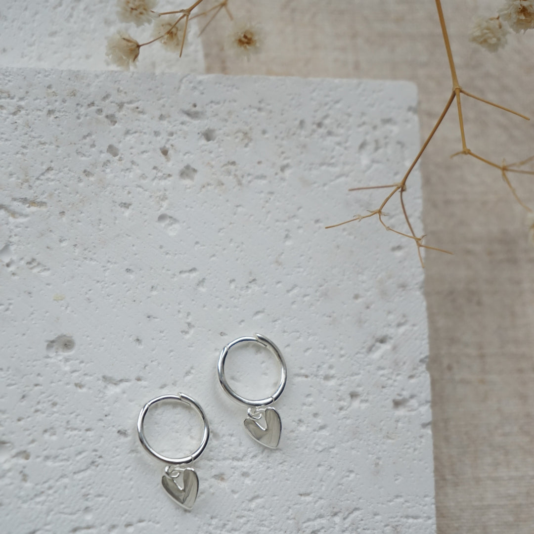 Little Grey Moon Silver Heart Hoop Earrings