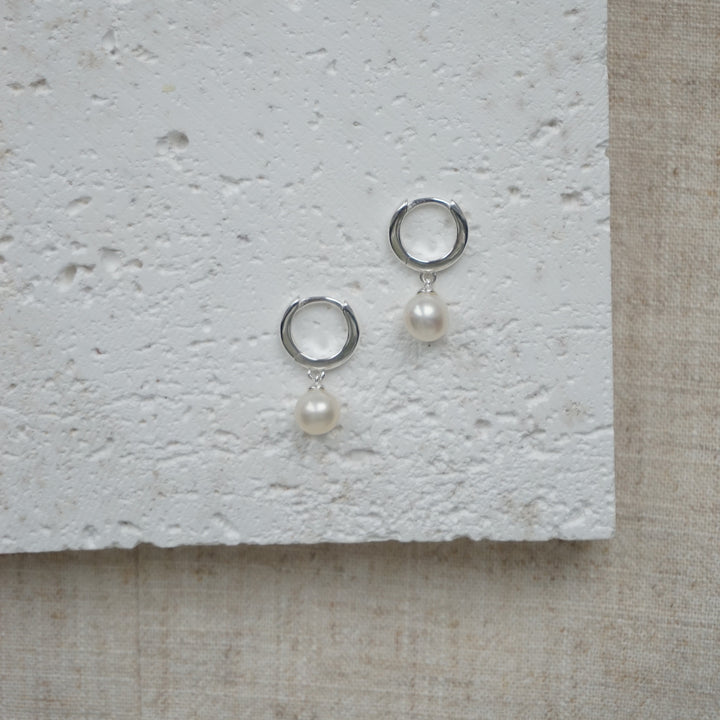 Little Grey Moon Silver Pearl Hoop Earrings