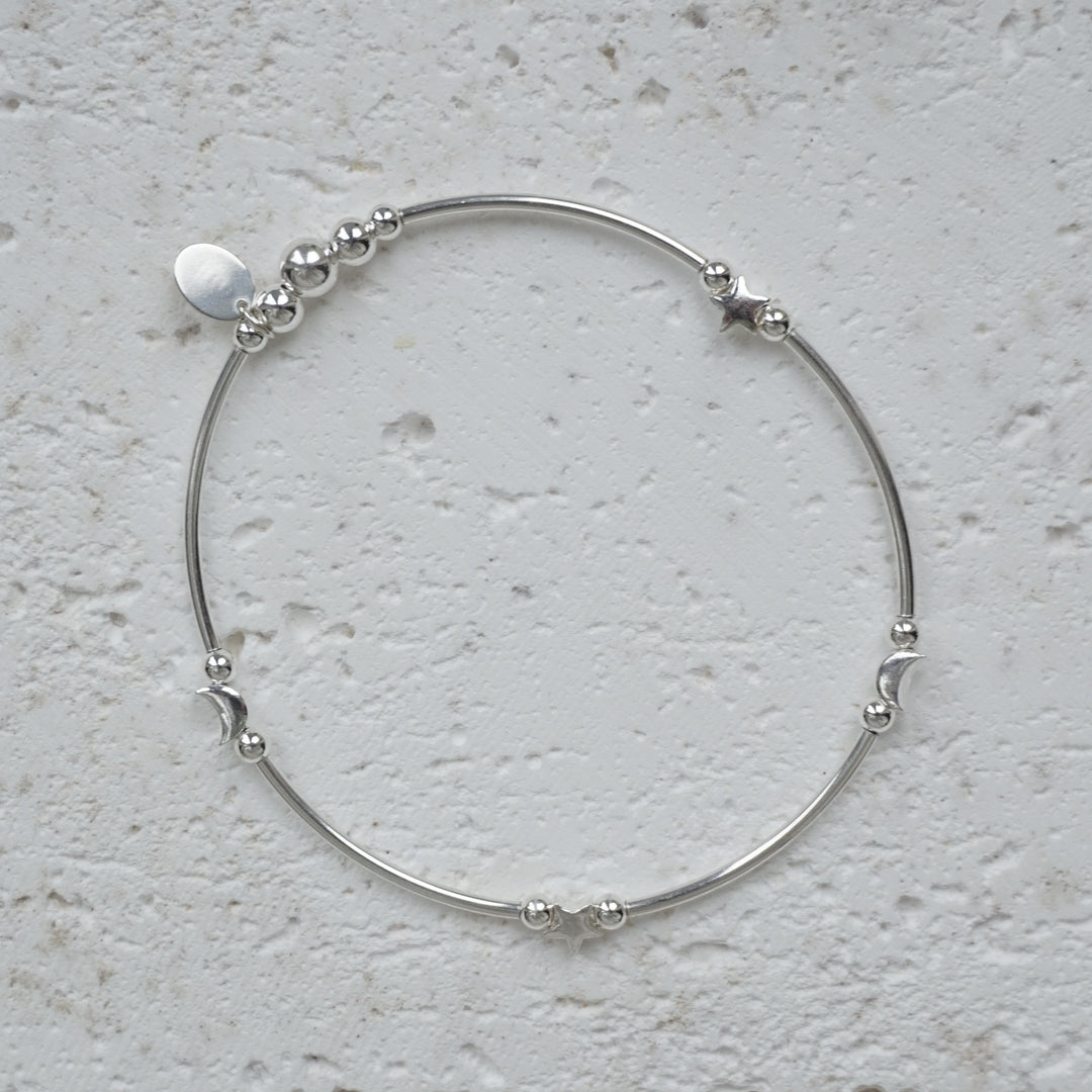 Little Grey Moon Silver Star and Moon Noodle Bracelet