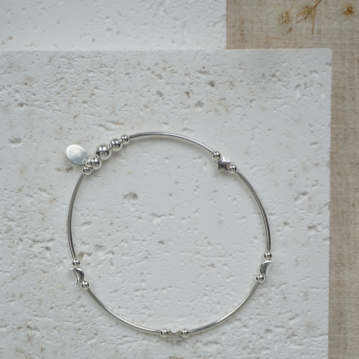 Little Grey Moon Silver Star and Moon Noodle Bracelet