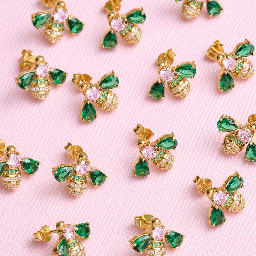 Amelia Scott Gold Beatrice Jewelled Bee Emerald & Blush Pink Earrings image 1