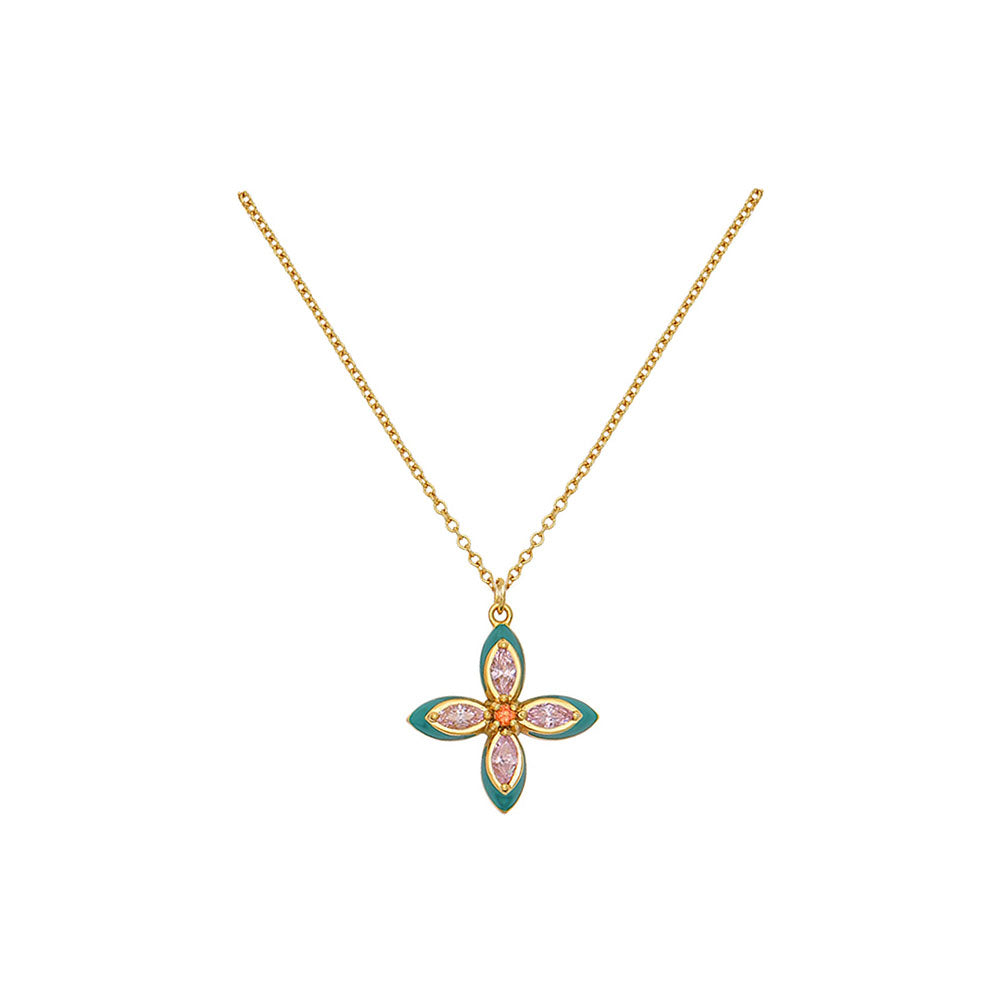 Amelia Scott Gold Lucky Clover Emerald Enamel & Blush Pink Pendant Necklace image 1