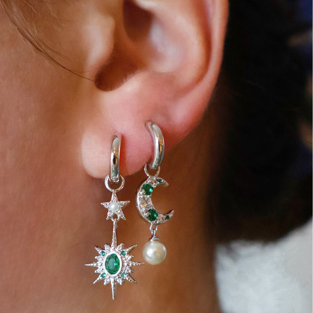 Amelia Scott Silver Luna Moon & Star Emerald Green Huggie Hoop Earrings image 1