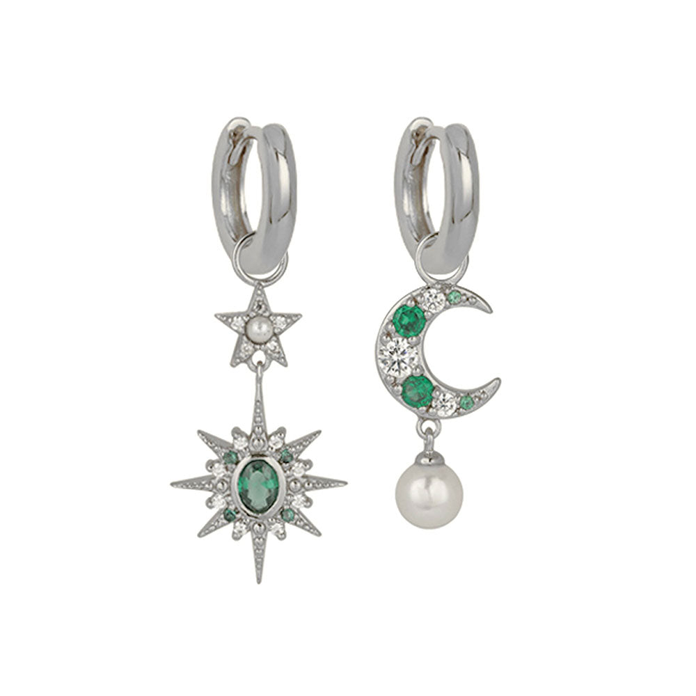 Amelia Scott Silver Luna Moon & Star Emerald Green Huggie Hoop Earrings image