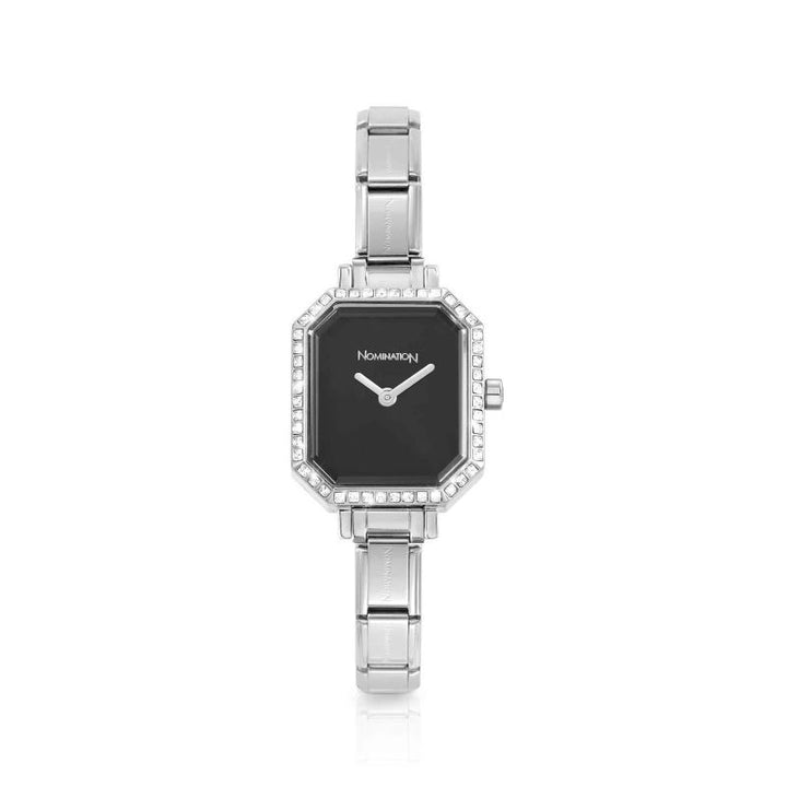 Nomination Silver Rectangular Black Dial CZ Watch