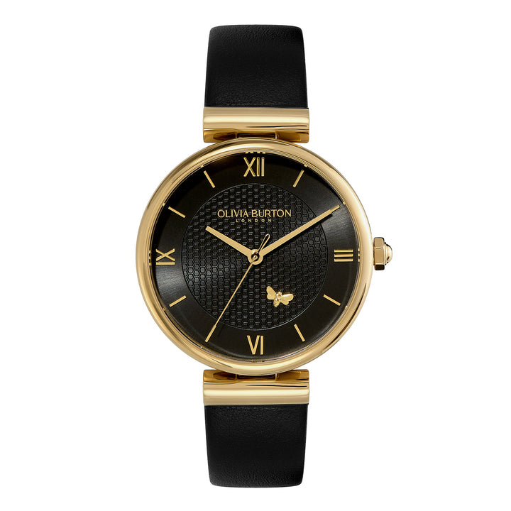 Olivia Burton Gold and Black Minima Bee Leather Strap Watch