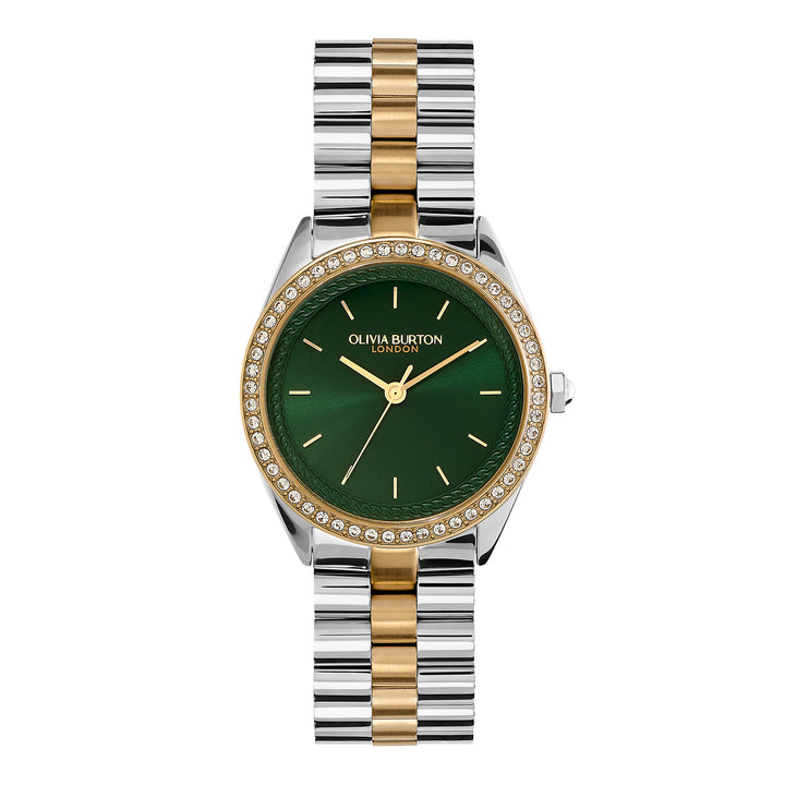 Olivia Burton Silver & Gold Forest Green Sunray Dial Watch