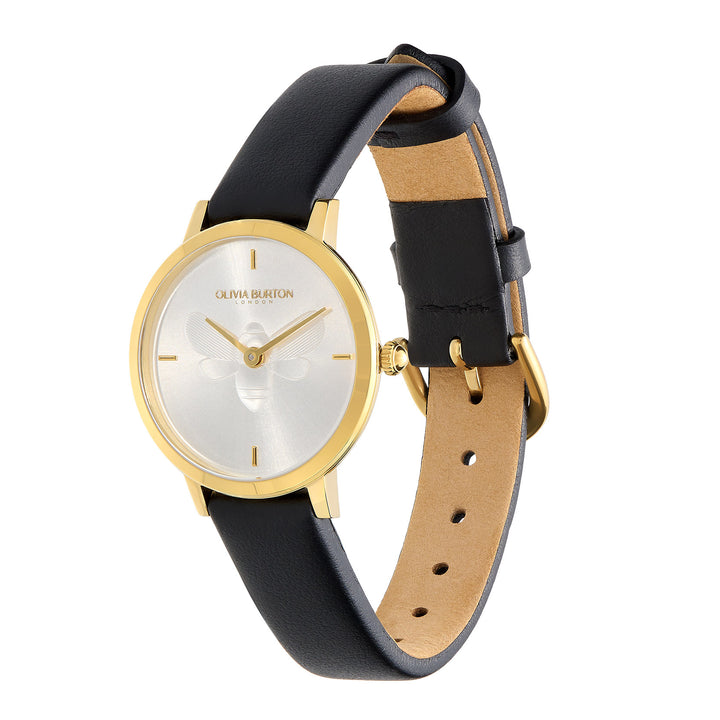 Olivia Burton Gold Ultra Slim Bee Black Leather Watch