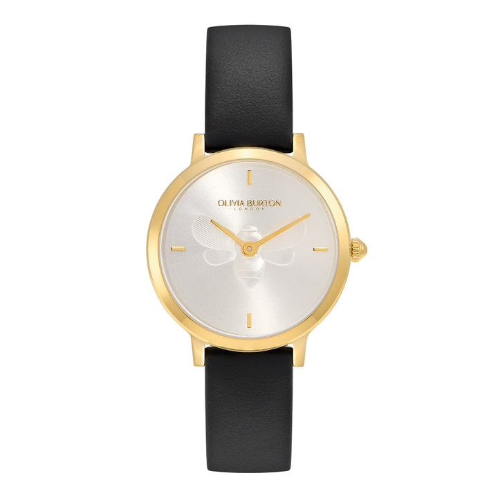 Olivia Burton Gold Ultra Slim Bee Black Leather Watch