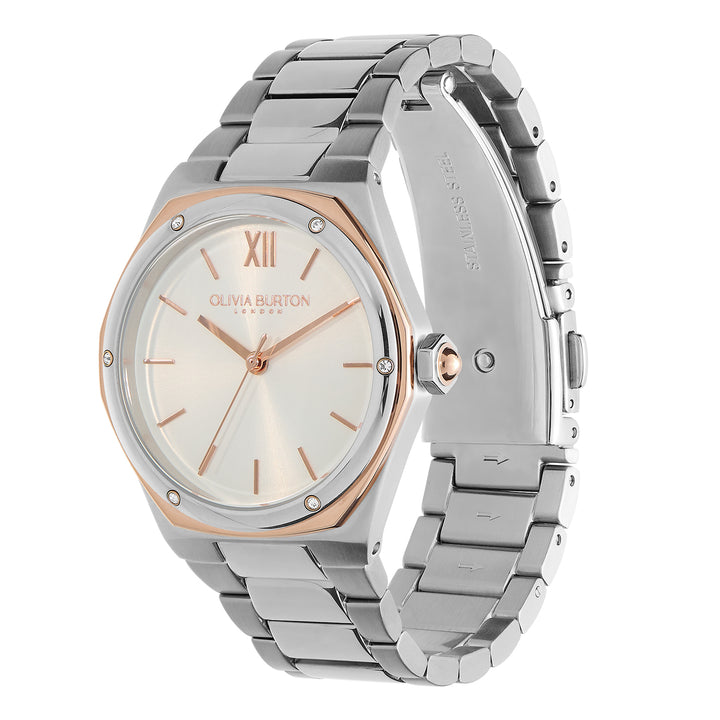 Olivia Burton Silver & Rose Hexa White Dial Watch