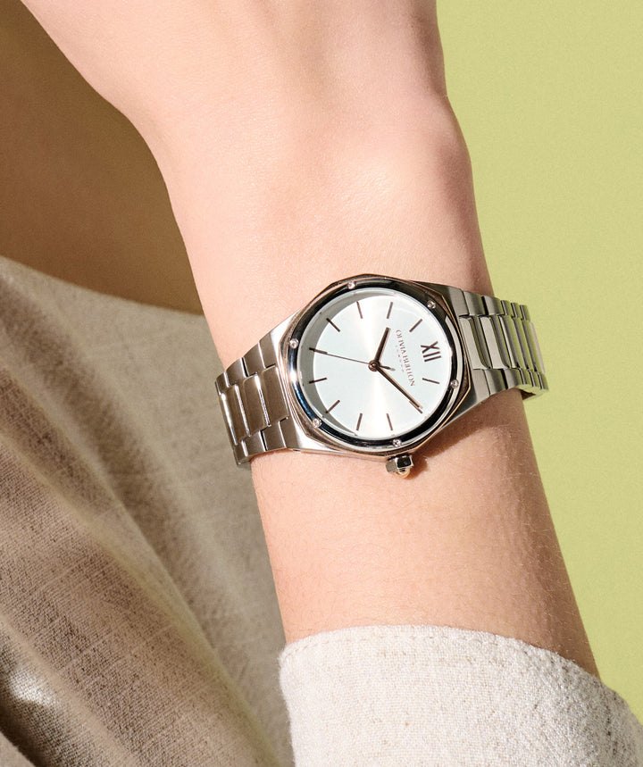 Olivia Burton Silver & Rose Hexa White Dial Watch