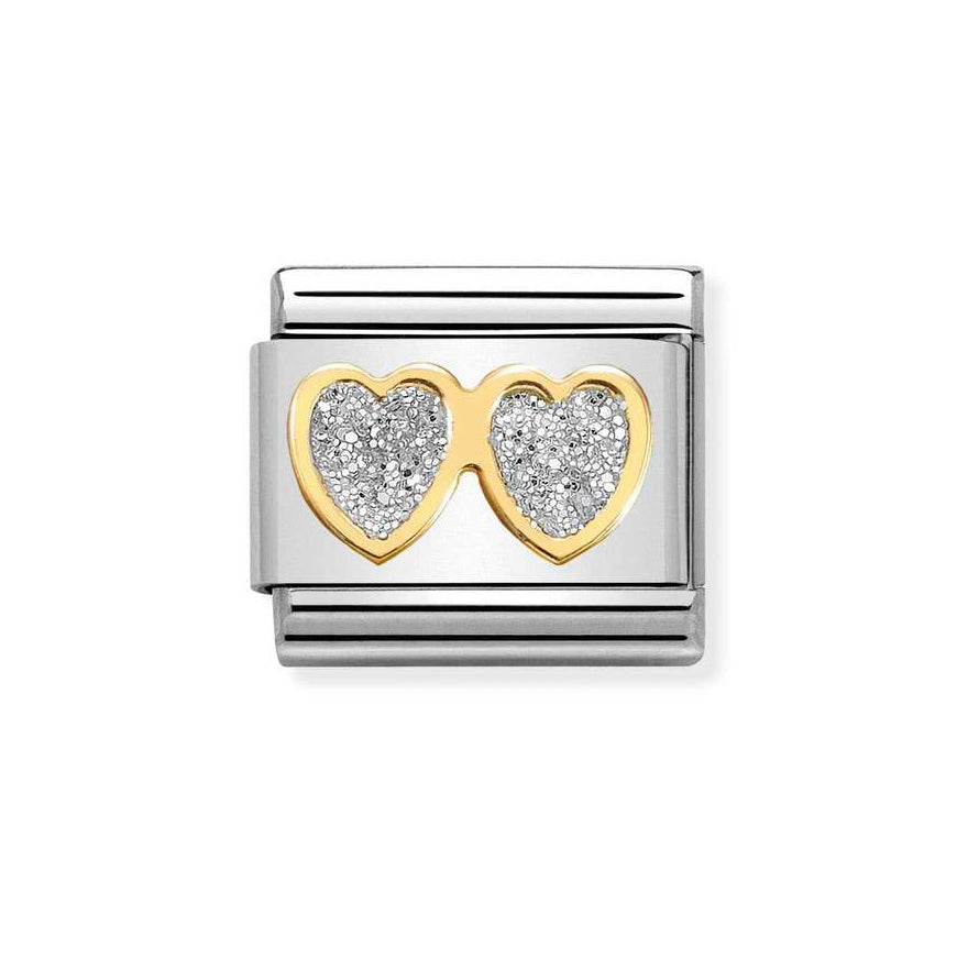 Nomination Composable Classic 18K Gold Double Hearts Silver Glitter Charm