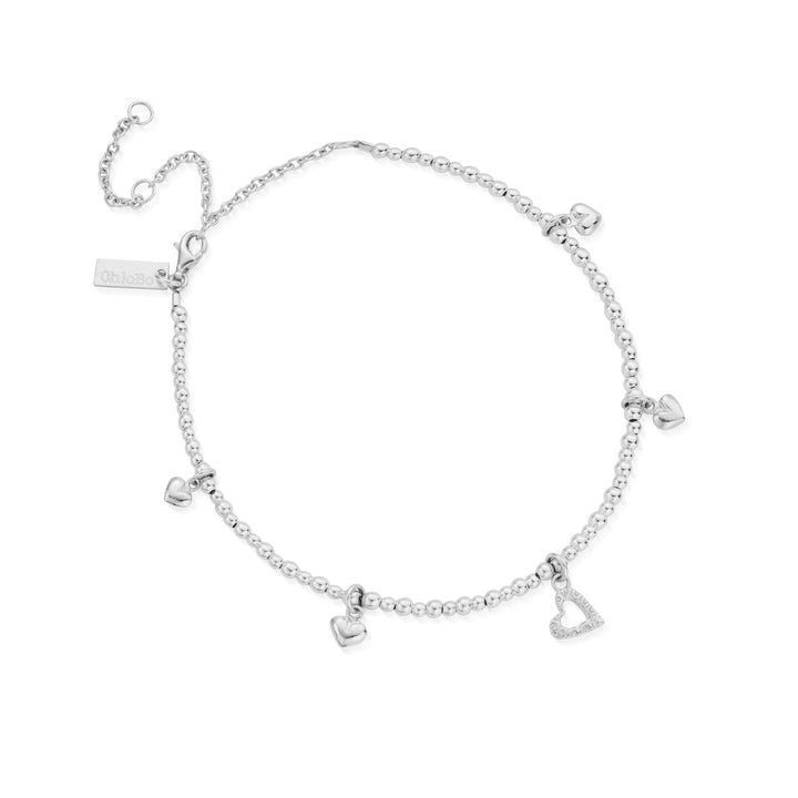 ChloBo Silver Mini Cute Multi Heart Anklet