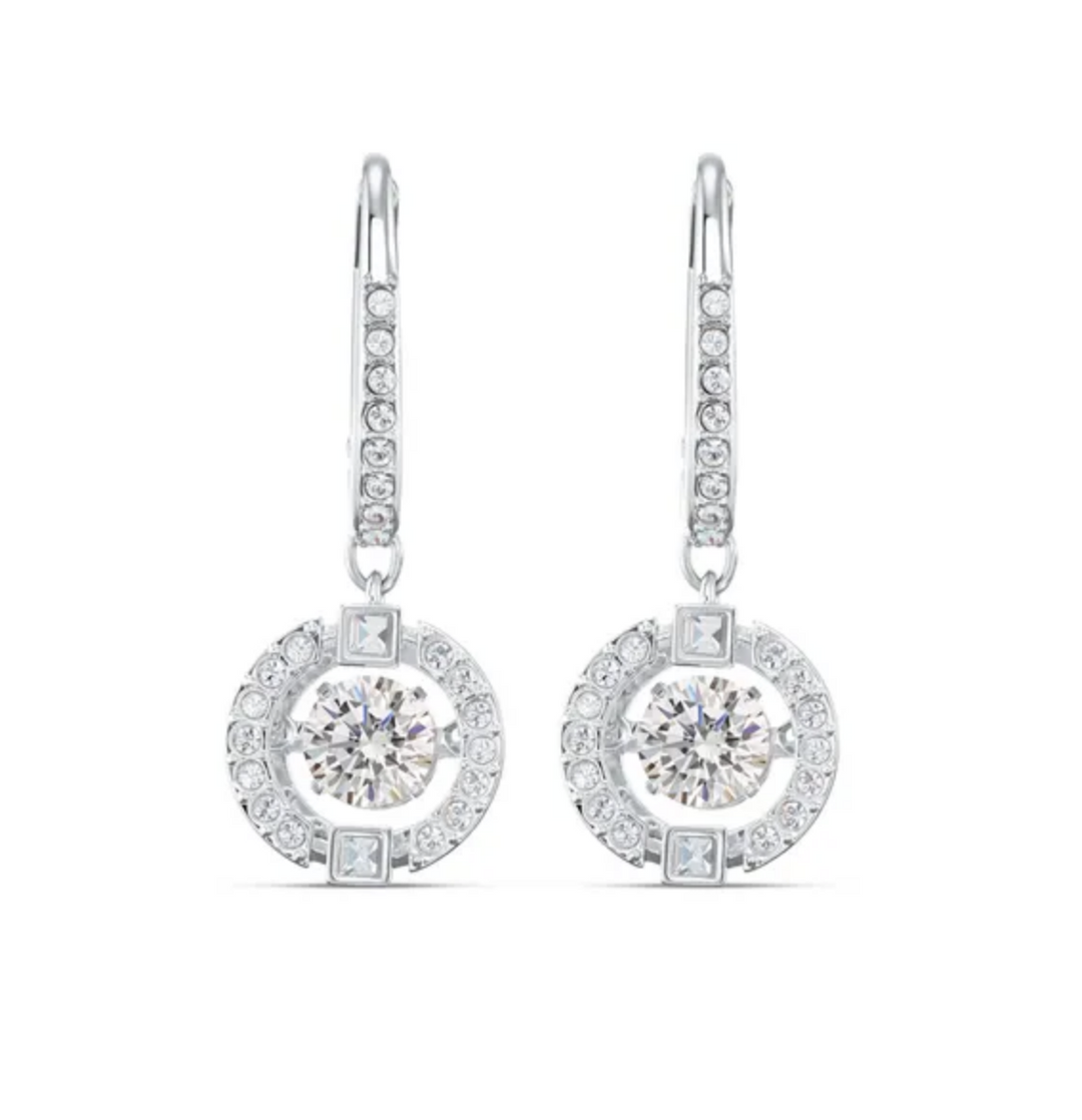 Swarovski Rhodium Plated Sparkling Dance White Crystal Round Drop Earrings